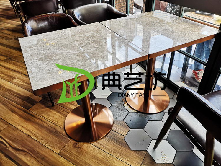 西餐厅家具酒吧桌子天然大理石玫瑰金桌子生产厂家深圳